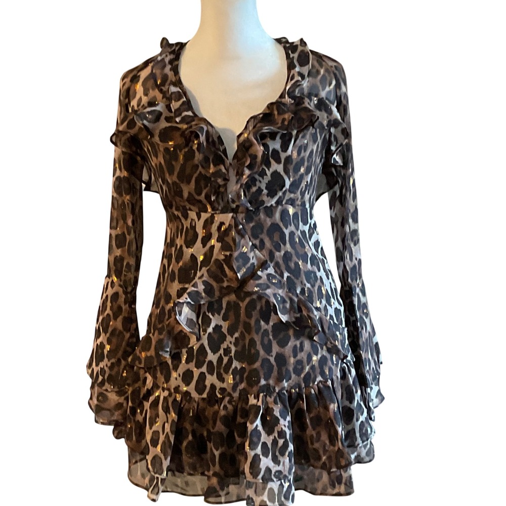 Signature 8 women's leopard print mini dress ruffle sheer metallic glam S NWT